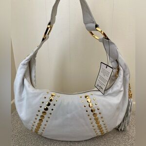NWT ✨ Y2K Junior Drake White Leather Gold Studded Hobo Handbag Purse Bag